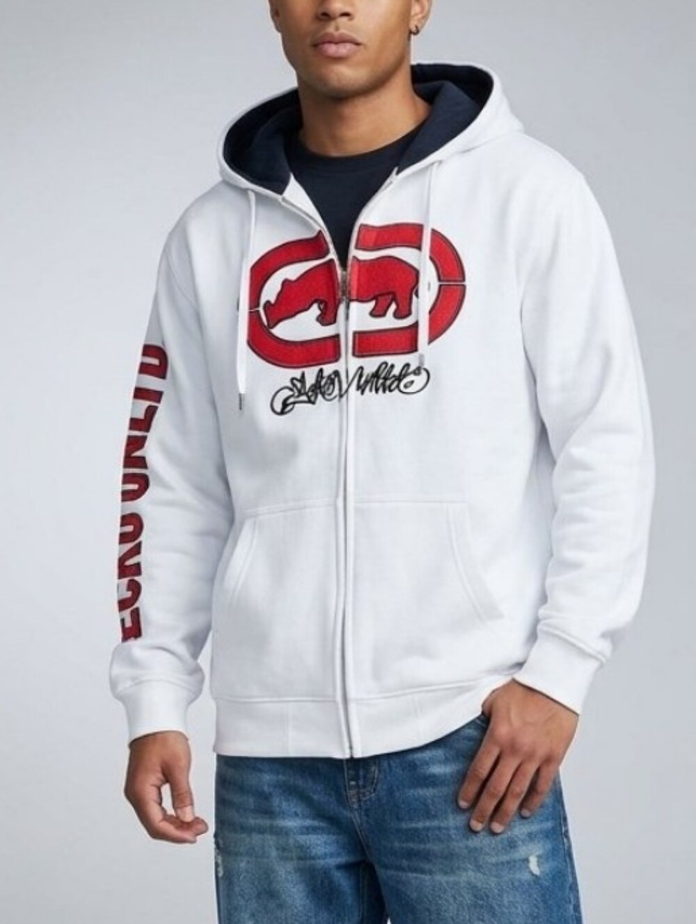 Ecko Unlimited White Hoodie with Red Rhino Chest Logo Arm Spellout